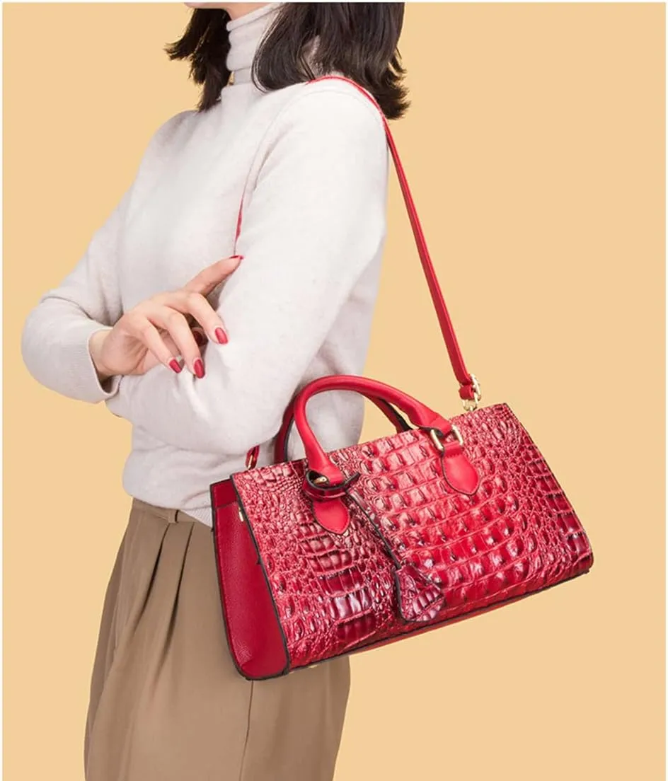 Women’s Crocodile Pattern Leather Satchel Purse - Medium Tote Crossbody Handbag with Clutch Set