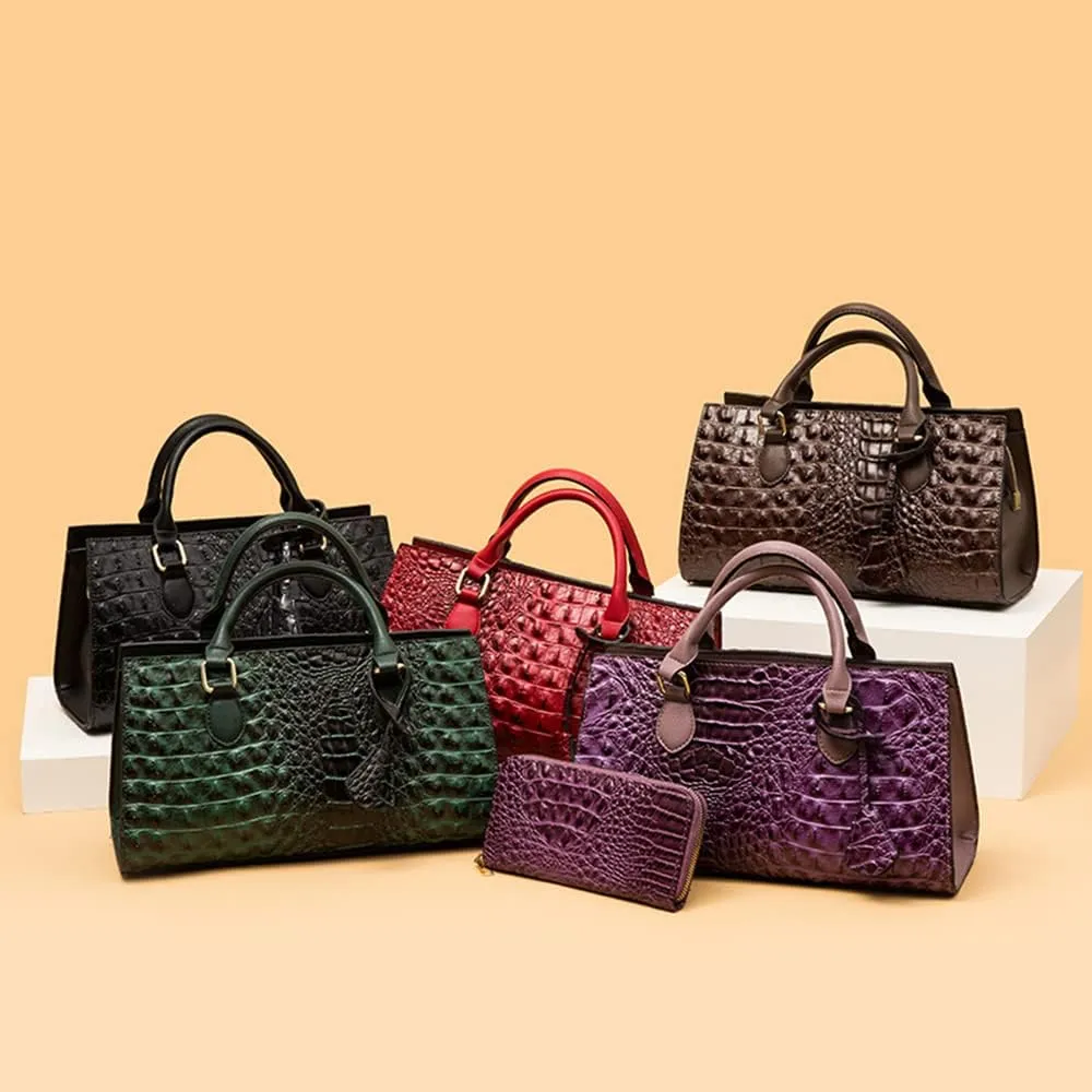 Women’s Crocodile Pattern Leather Satchel Purse - Medium Tote Crossbody Handbag with Clutch Set