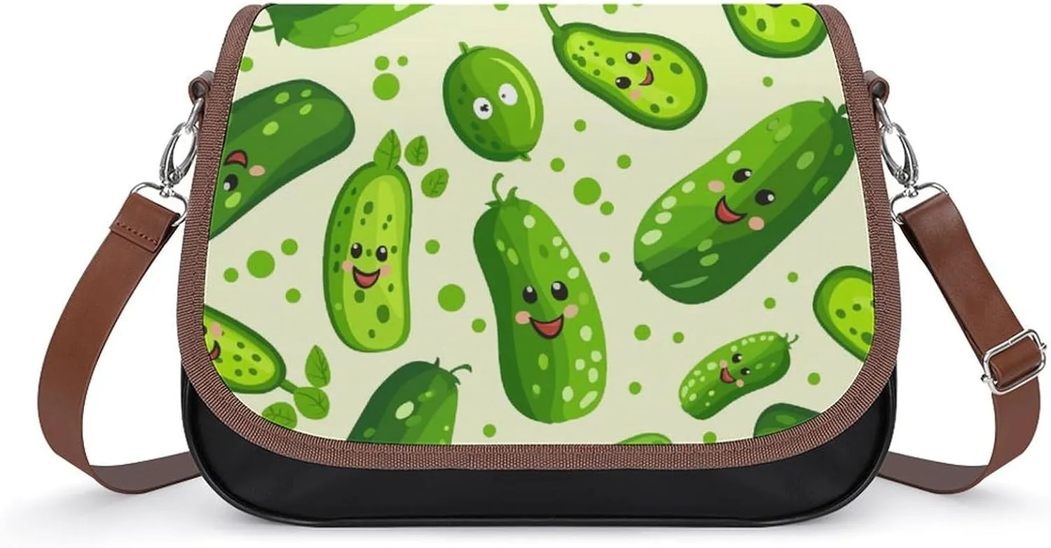 Women's Handbag Cute Cucumber Patterns Satchel Bag Leather Crossbody Bag Waterproof Messenger Bag
