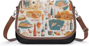 Women's Handbag Doodle Italian Landmark Food Pattern Satchel Bag Leather Crossbody Bag Waterproof Messenger Bag