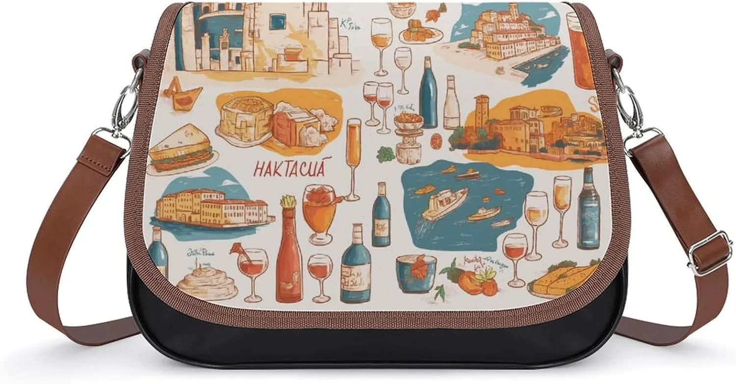 Women's Handbag Doodle Italian Landmark Food Pattern Satchel Bag Leather Crossbody Bag Waterproof Messenger Bag