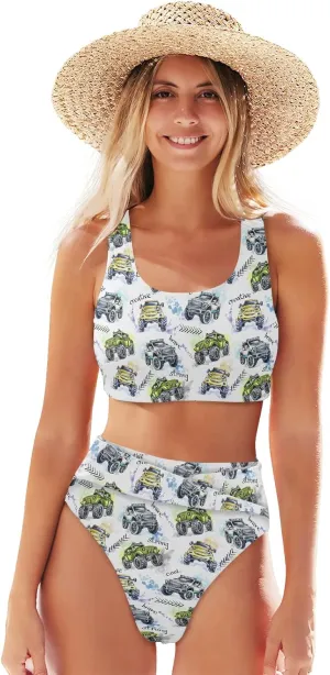 Women's High Waist Bikini Two-Piece Swimsuit,Back Crisscross Top with High Waist Ruched Panty