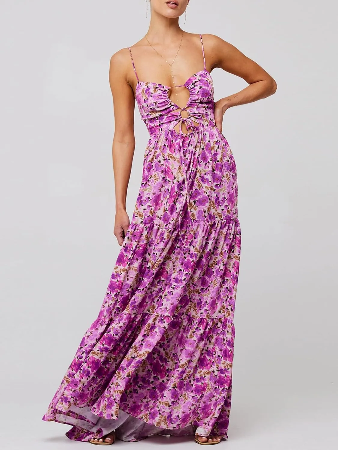 Women's Long Beach Dress Sleeveless Spaghetti Strap Cross Tie-up Front Floral Print Dress Midi Slip Dress