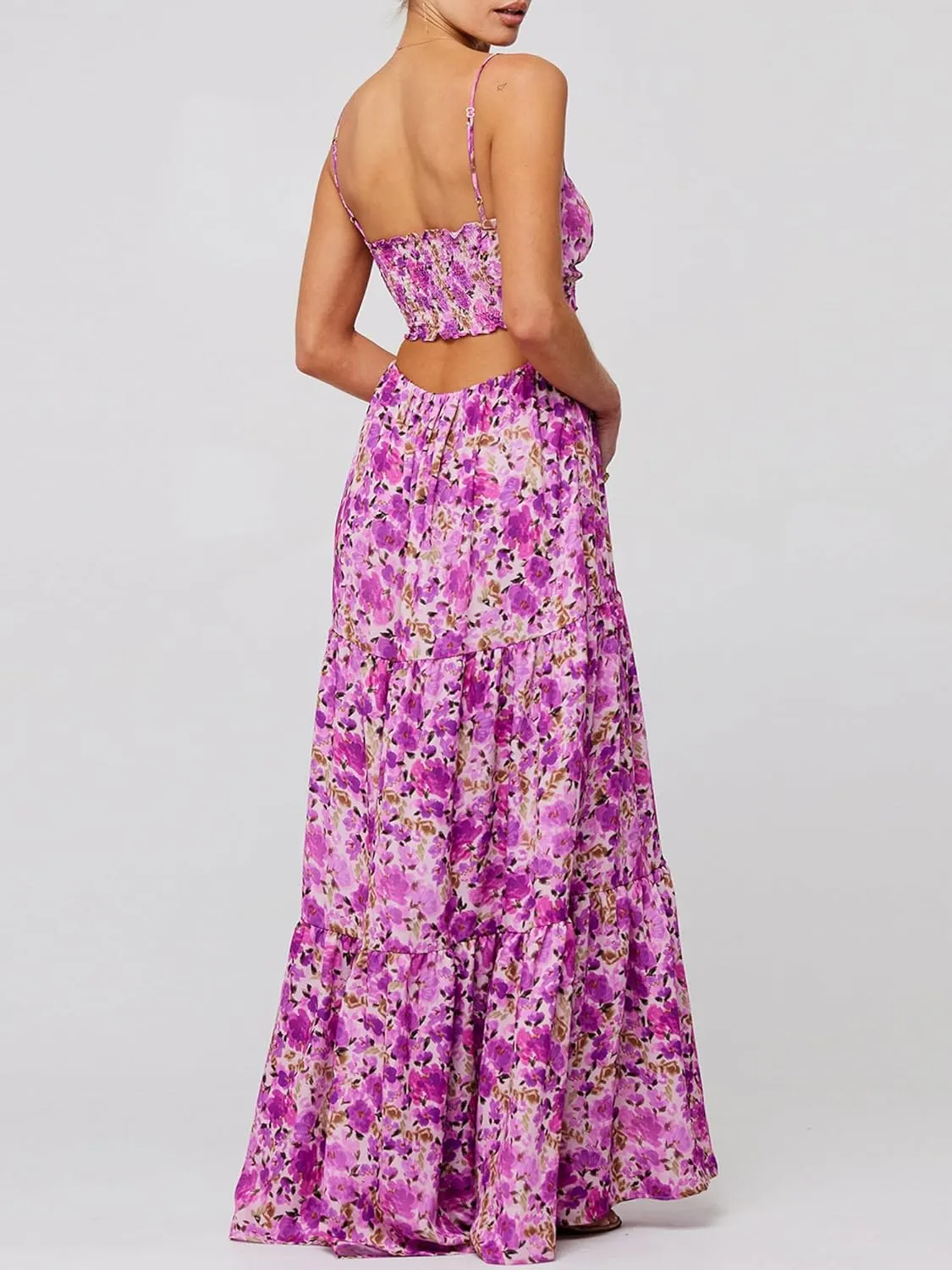 Women's Long Beach Dress Sleeveless Spaghetti Strap Cross Tie-up Front Floral Print Dress Midi Slip Dress