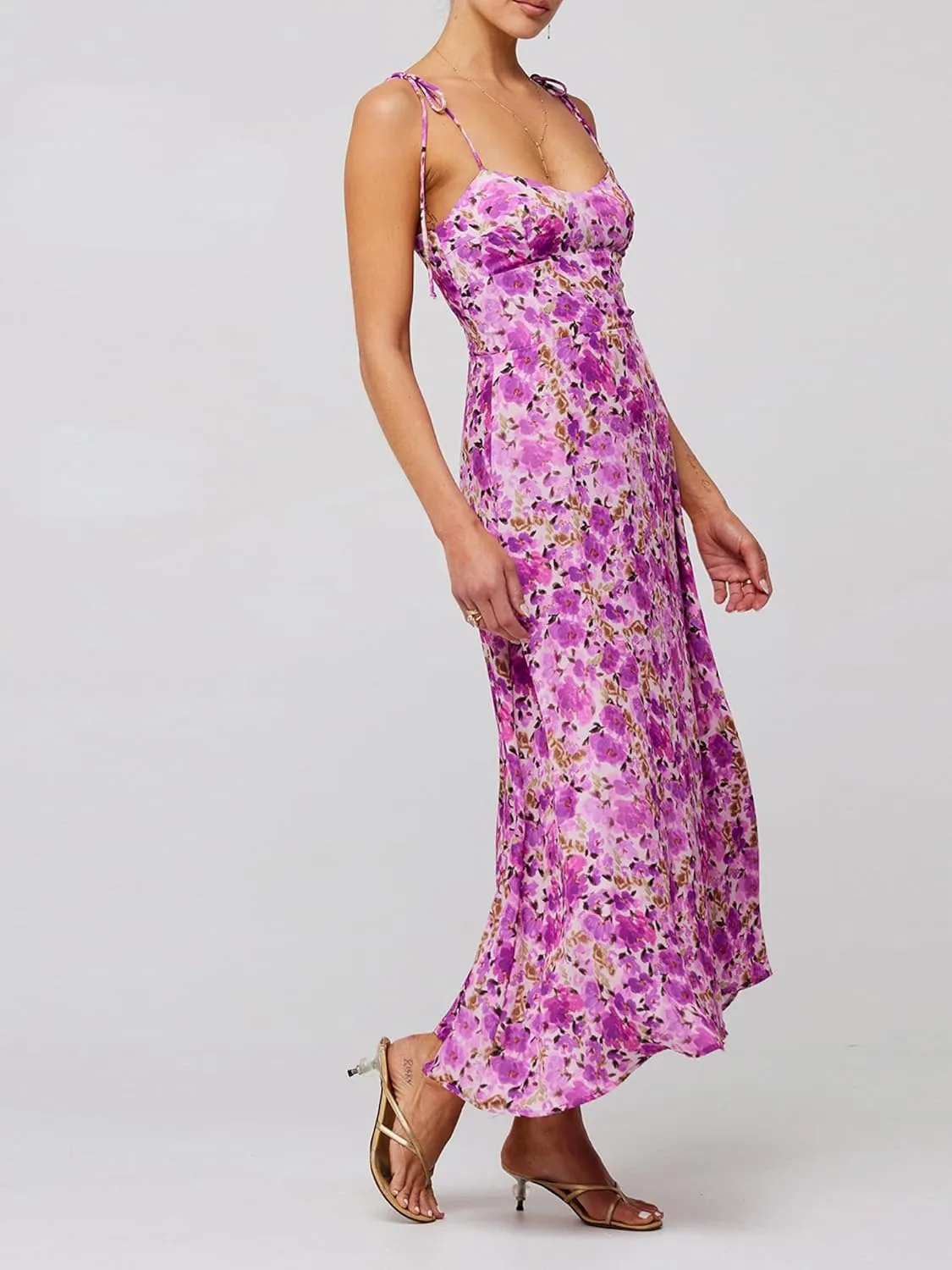 Women's Long Beach Dress Sleeveless Spaghetti Strap Cross Tie-up Front Floral Print Dress Midi Slip Dress