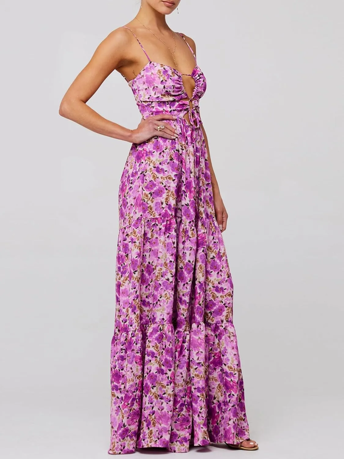 Women's Long Beach Dress Sleeveless Spaghetti Strap Cross Tie-up Front Floral Print Dress Midi Slip Dress