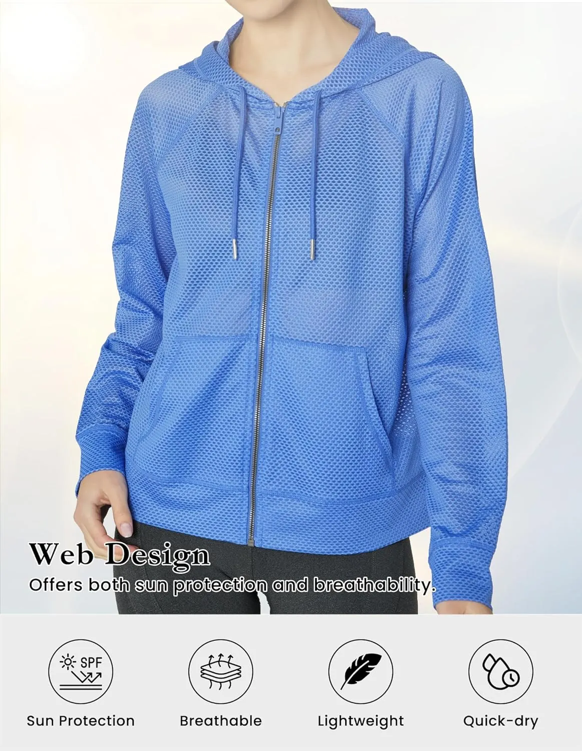 Women's Long Sleeve Mesh Hoody Sheer Hooded Sweatshirt Lightweight Athletic Jacket Zip Up Sheer Hoodie
