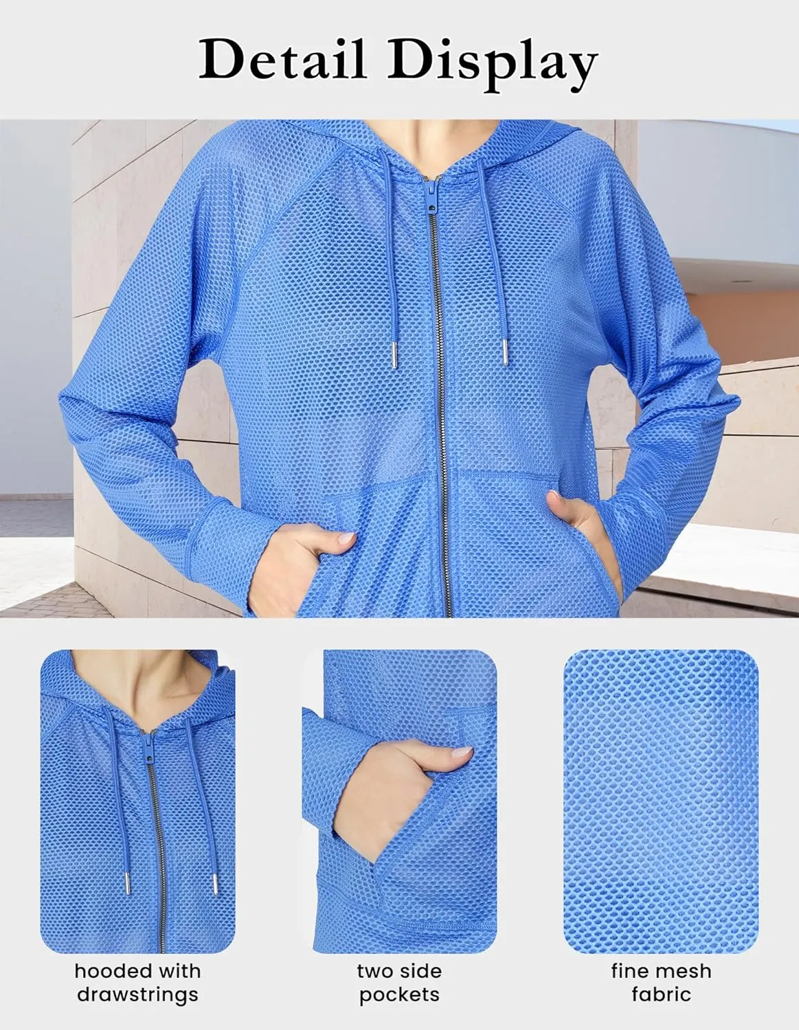 Women's Long Sleeve Mesh Hoody Sheer Hooded Sweatshirt Lightweight Athletic Jacket Zip Up Sheer Hoodie