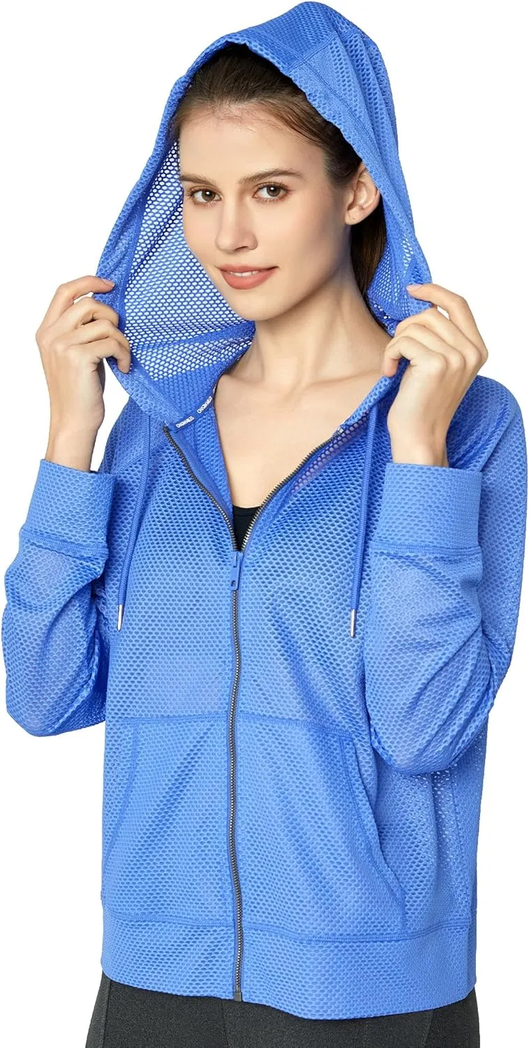 Women's Long Sleeve Mesh Hoody Sheer Hooded Sweatshirt Lightweight Athletic Jacket Zip Up Sheer Hoodie