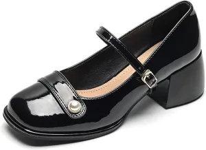 Women's Patent Leather Pearl Monk Strap Chunky Heel Mary Janes Fashion Square Toe Ankle Strap Mid Block Heel Business Formal Pumps Grace Wedding Prom Party Dress Shoes