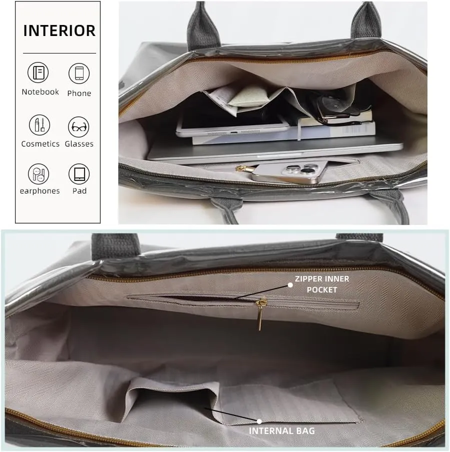Women's PVC Tote Bag Large Capacity Letter Print Kraft Paper Bag Clear Plastic Shoulder Bag Waterproof Travel Handbag