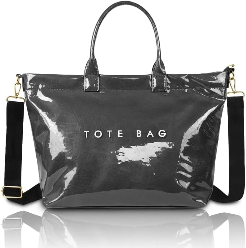 Women's PVC Tote Bag Large Capacity Letter Print Kraft Paper Bag Clear Plastic Shoulder Bag Waterproof Travel Handbag