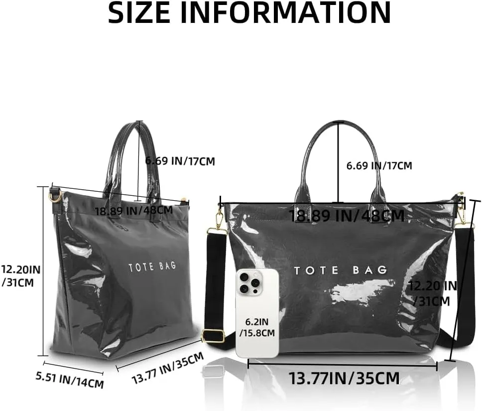 Women's PVC Tote Bag Large Capacity Letter Print Kraft Paper Bag Clear Plastic Shoulder Bag Waterproof Travel Handbag