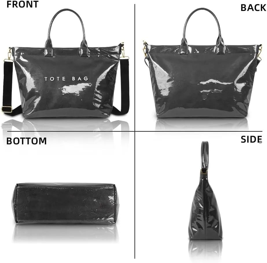 Women's PVC Tote Bag Large Capacity Letter Print Kraft Paper Bag Clear Plastic Shoulder Bag Waterproof Travel Handbag