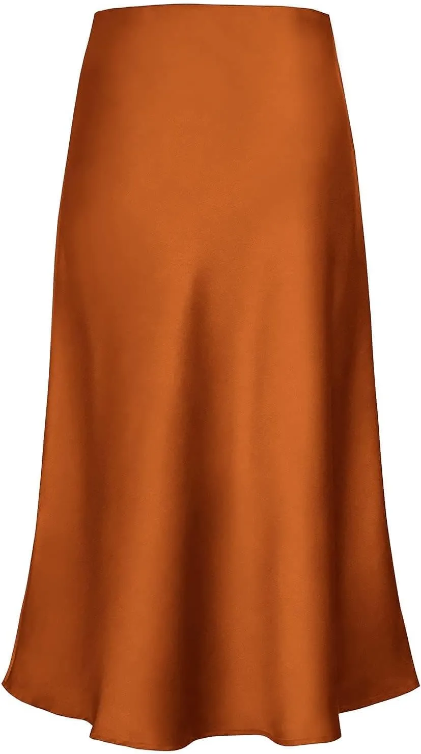 Women's Satin High Waist Hidden Elasticized Waistband Flared Casual A Line Midi Skirt