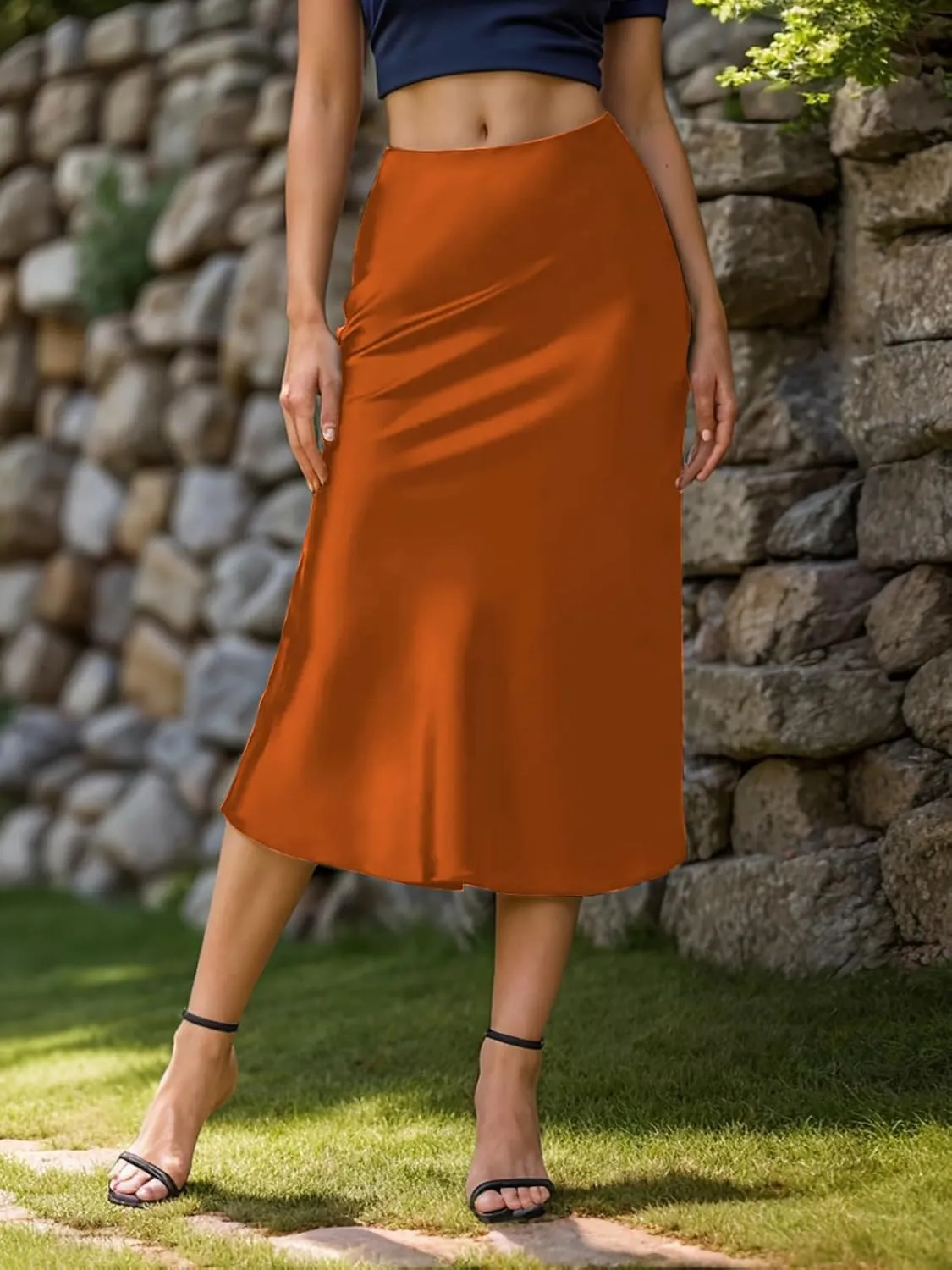 Women's Satin High Waist Hidden Elasticized Waistband Flared Casual A Line Midi Skirt
