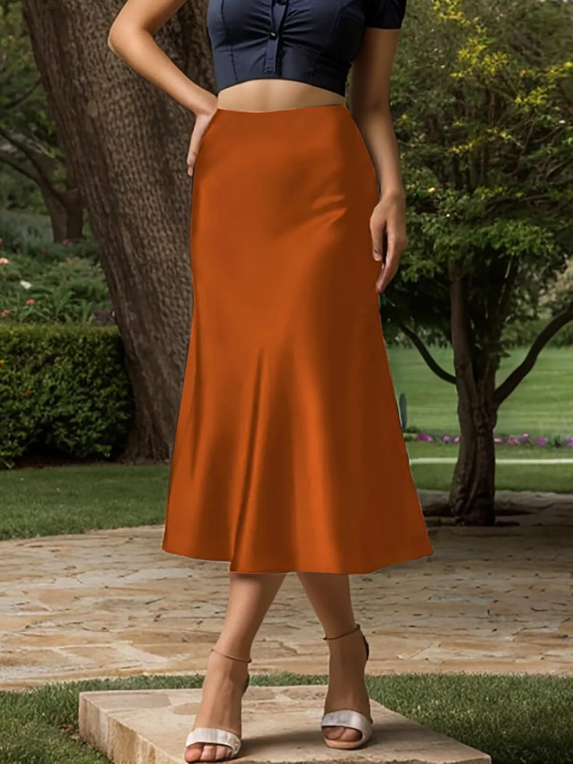 Women's Satin High Waist Hidden Elasticized Waistband Flared Casual A Line Midi Skirt