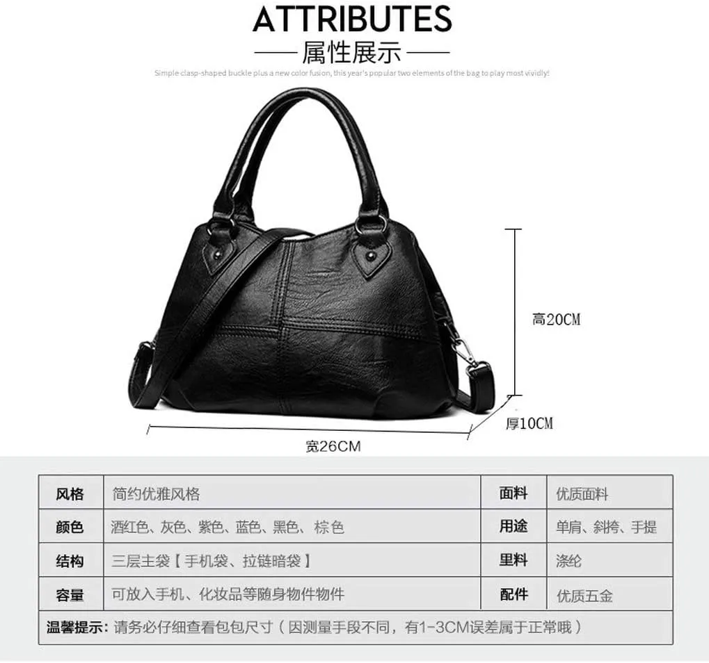 Women's Soft Leather Stitching Three-Layer Middle-Aged Mother Shoulder Bag Oblique Satchel (Black)