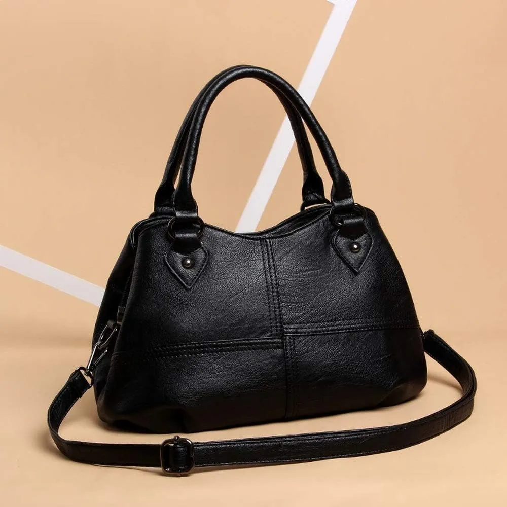 Women's Soft Leather Stitching Three-Layer Middle-Aged Mother Shoulder Bag Oblique Satchel (Black)