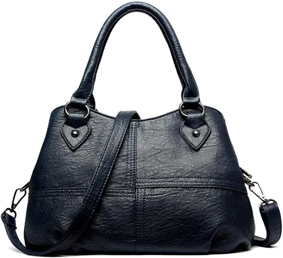 Women's Soft Leather Stitching Three-Layer Middle-Aged Mother Shoulder Bag Oblique Satchel (Black)
