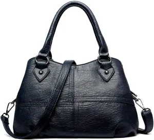 Women's Soft Leather Stitching Three-Layer Middle-Aged Mother Shoulder Bag Oblique Satchel (Black)