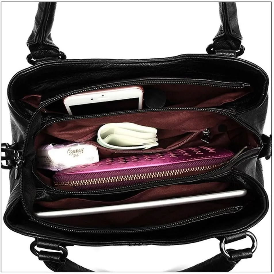 Women's Soft Leather Stitching Three-Layer Middle-Aged Mother Shoulder Bag Oblique Satchel (Black)