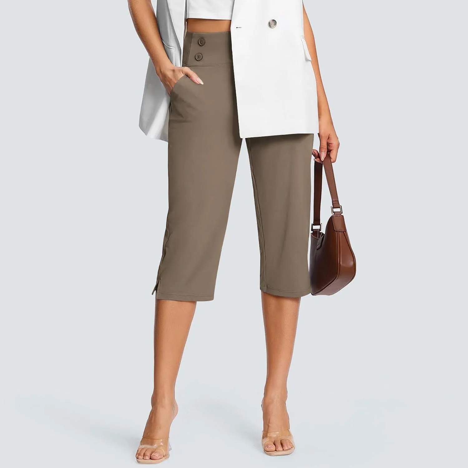 Work Pants Women Elastic Waist Summer Pants for Women with Pockets Button Casual Straight Leg Pull On Capri Trousers