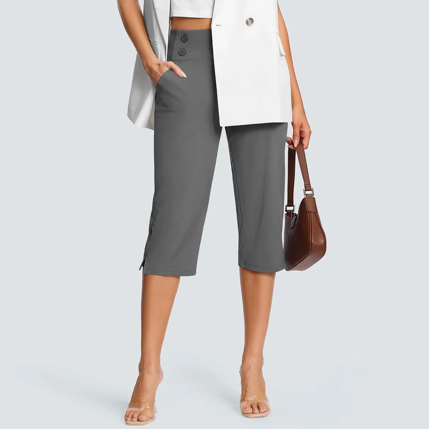 Work Pants Women Elastic Waist Summer Pants for Women with Pockets Button Casual Straight Leg Pull On Capri Trousers