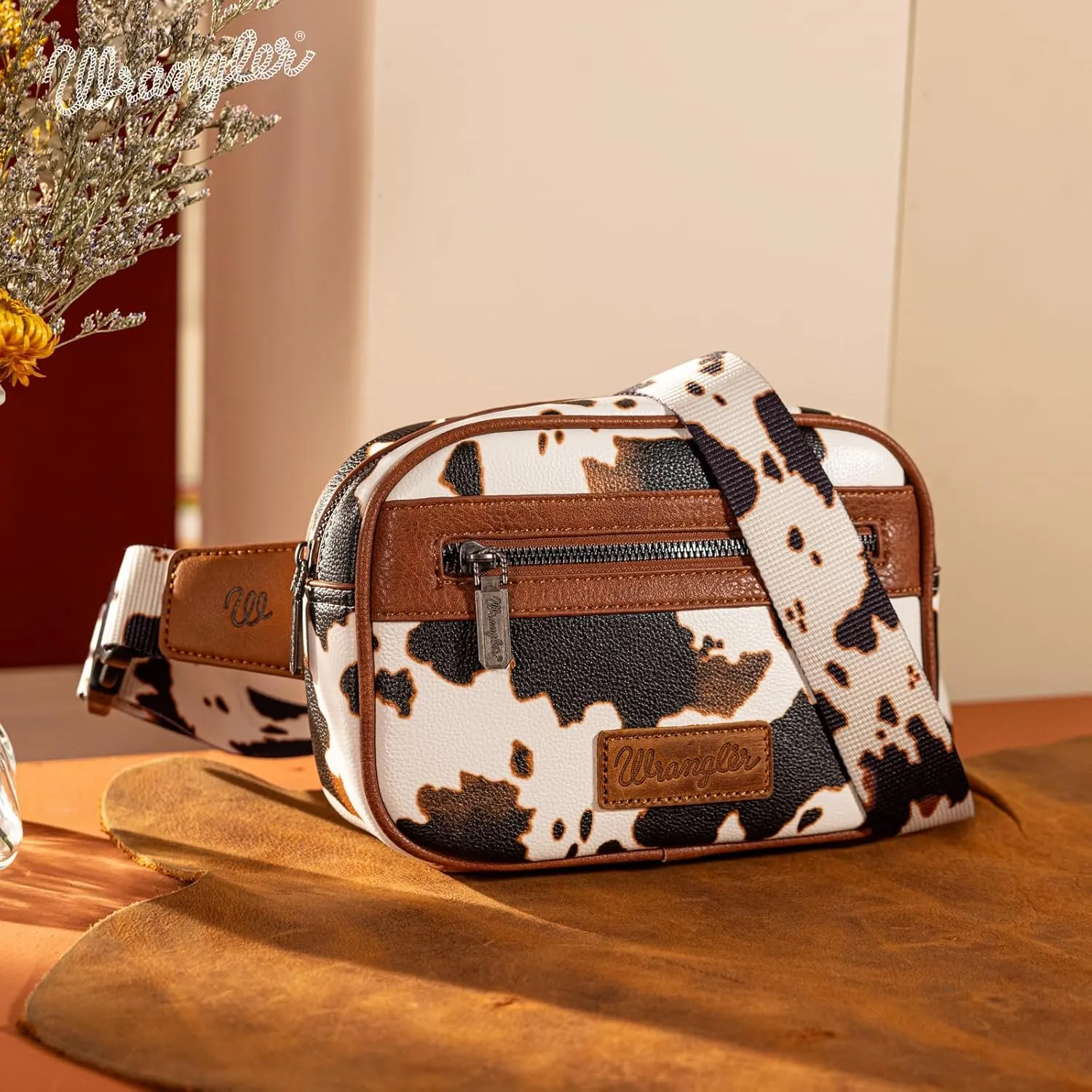 Wrangler Waist Pack for Women Cow Print Fanny Pack Men's Crossbody Belt Bag With Adjustable Strap, Brown