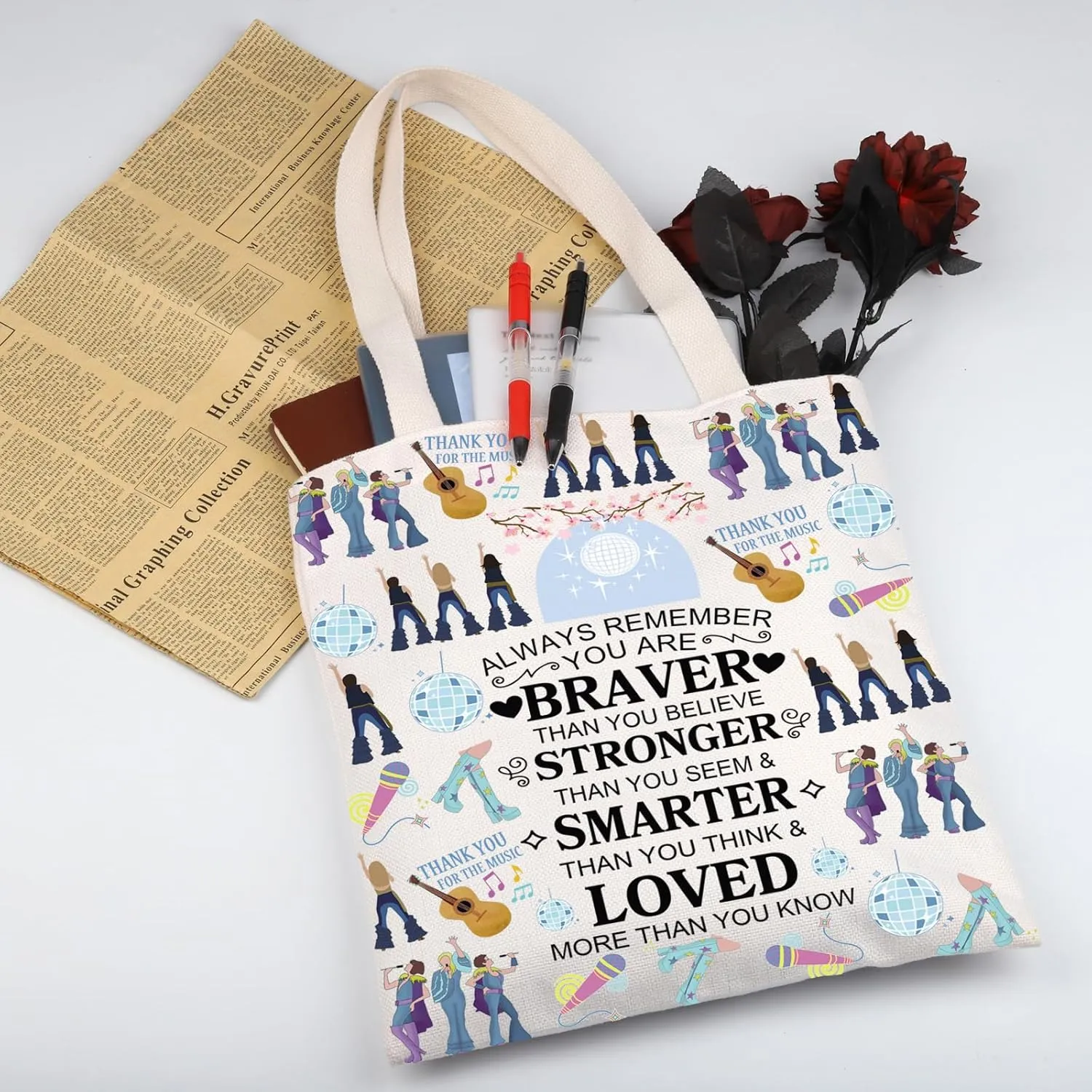 WSNANG Music Musical Inspired Gift Music Musical Tote Bag Dancing Travel Bag You are Braver Stronger Smarter Shoulder Bag