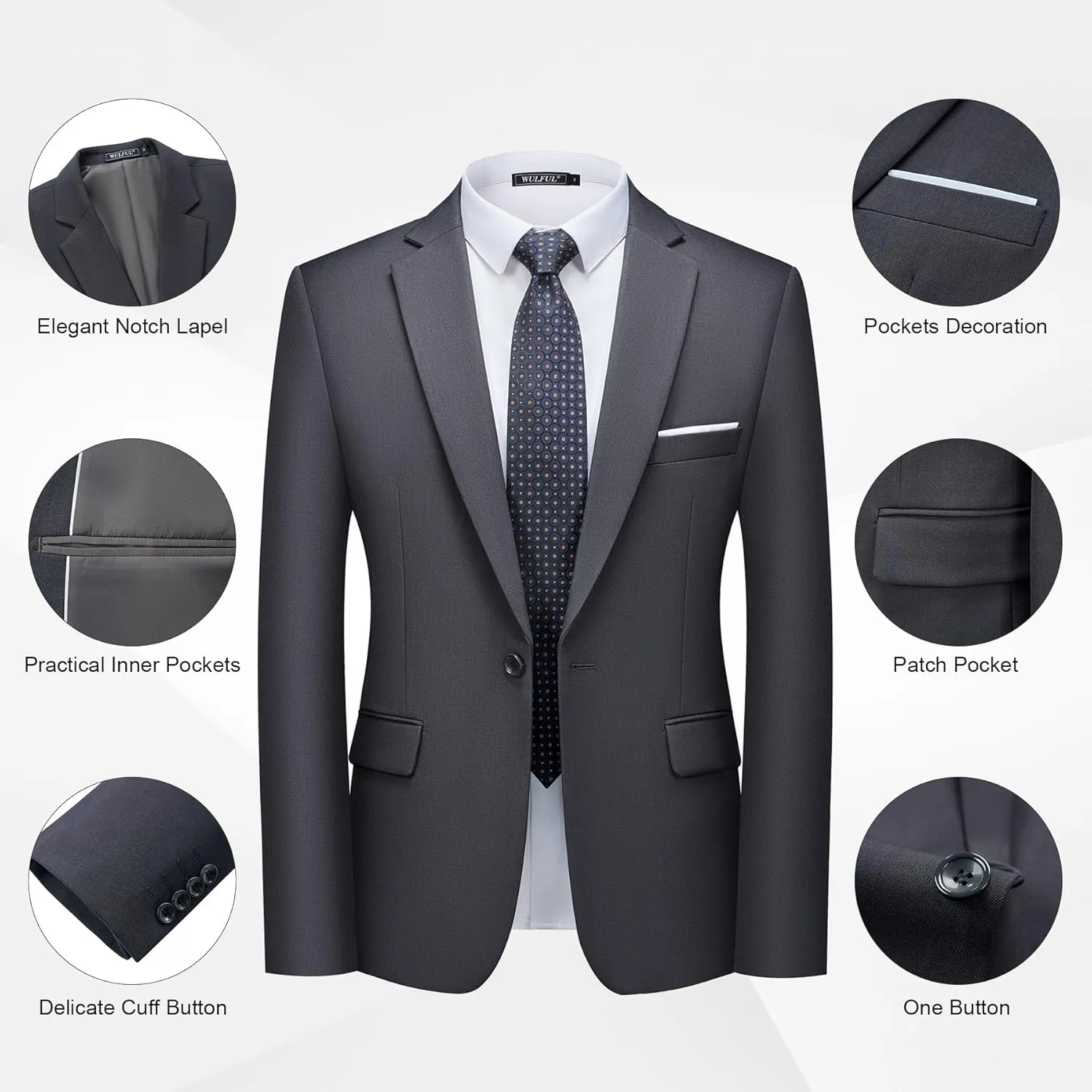 WULFUL Men's 2 Piece Slim Fit Suit Set One Button Blazer Jacket Pants Tuxedo Set for Party, Wedding and Business