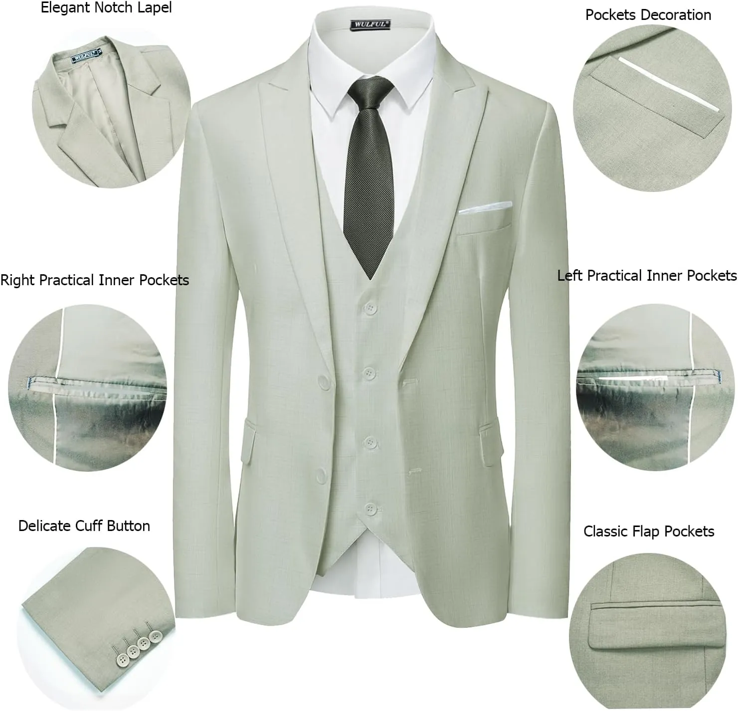 WULFUL Men's 3 Piece Slim Fit Suit Set Two Button Blazer Jacket Vest Pants Tuxedo Set for Party, Wedding and Business