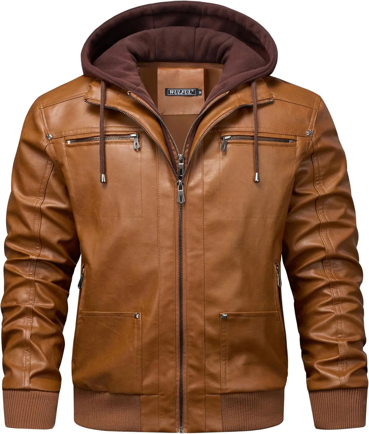 WULFUL Men's Leather Jackets, Faux Leather Jacket for Men Lapel Zip-Up Slim Fit Coat