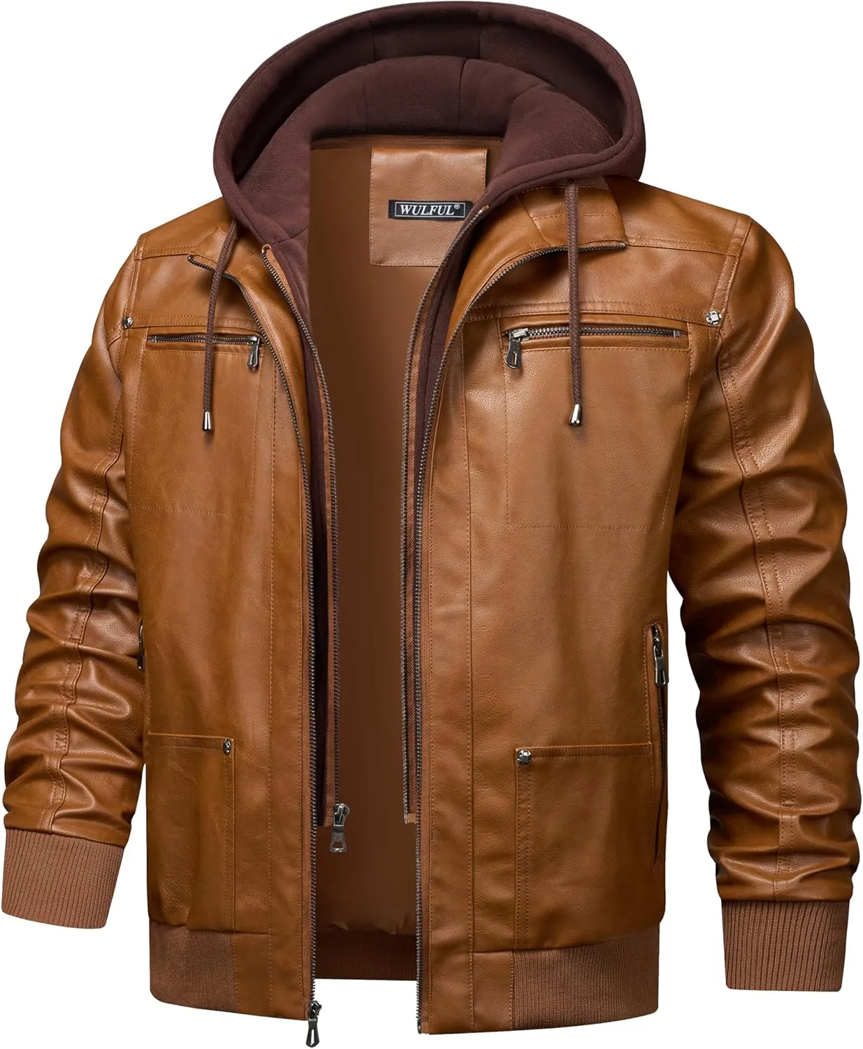 WULFUL Men's Leather Jackets, Faux Leather Jacket for Men Lapel Zip-Up Slim Fit Coat