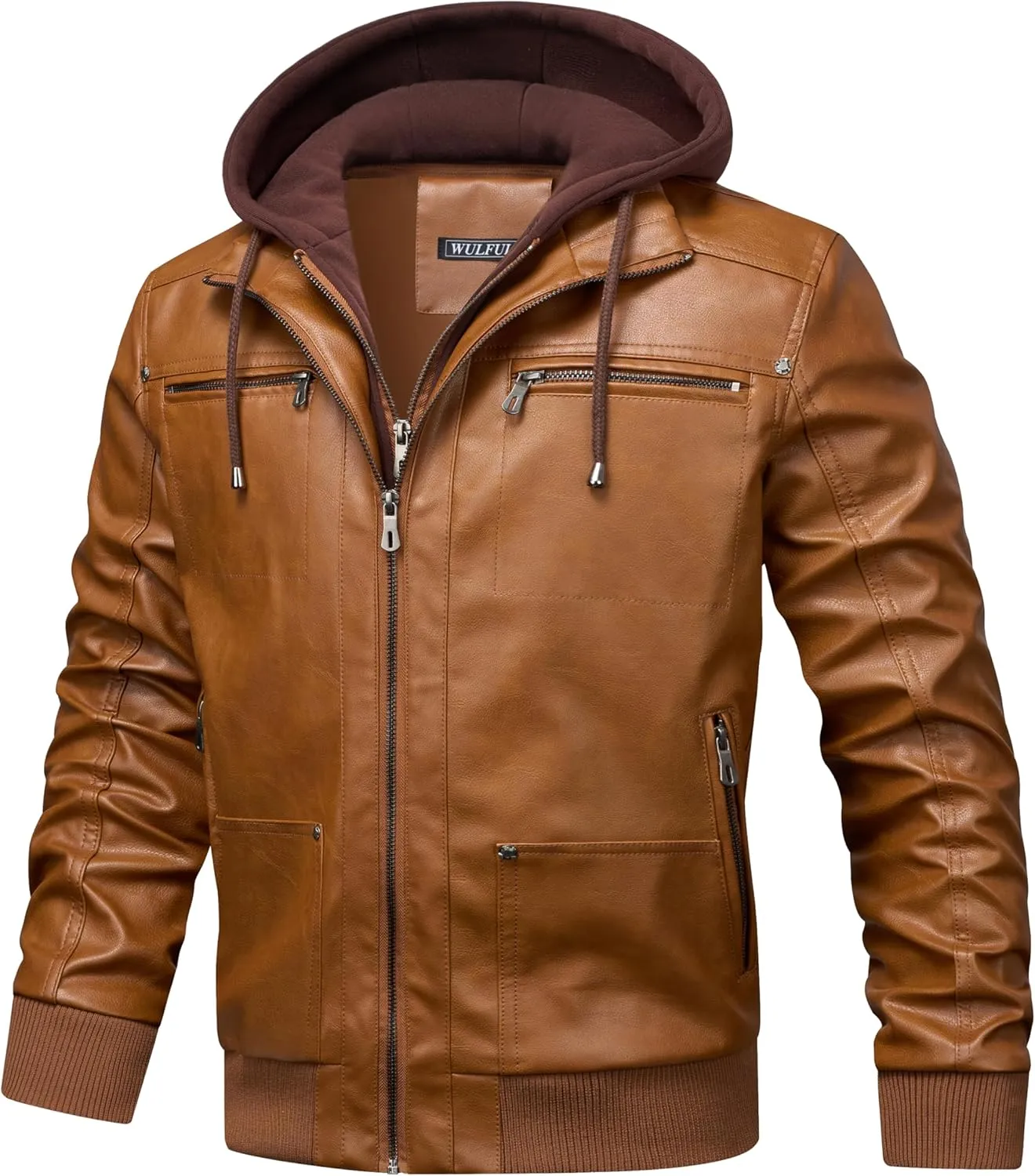 WULFUL Men's Leather Jackets, Faux Leather Jacket for Men Lapel Zip-Up Slim Fit Coat