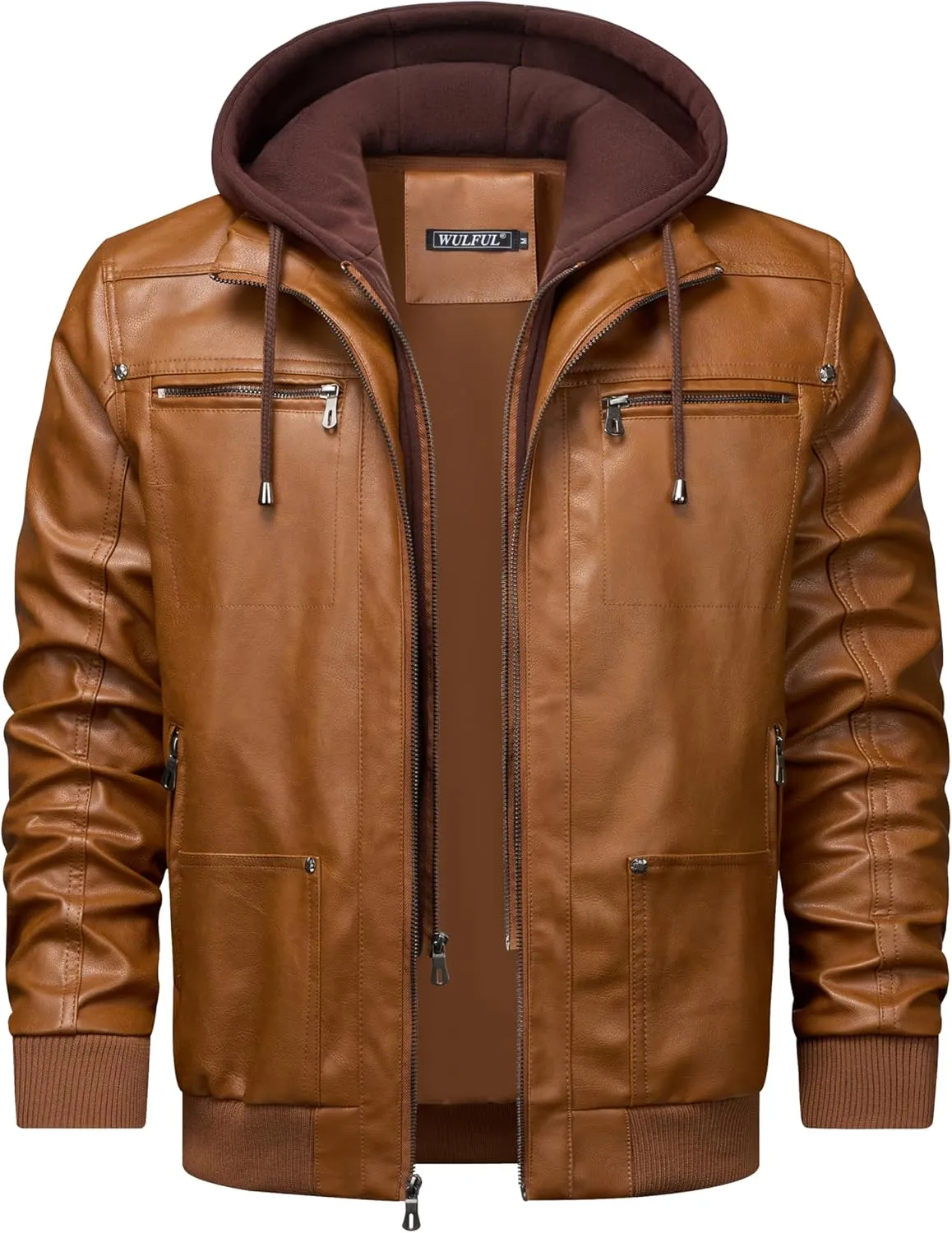 WULFUL Men's Leather Jackets, Faux Leather Jacket for Men Lapel Zip-Up Slim Fit Coat