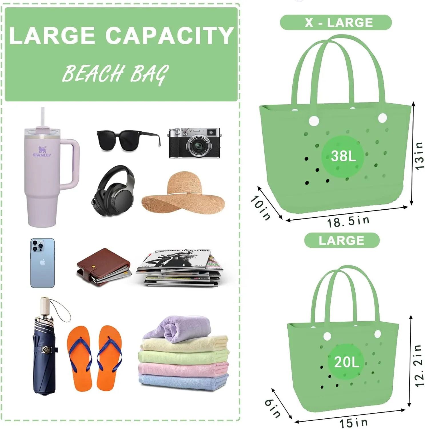 X-Large Rubber Beach Bag Tote Waterproof Tote Bag with Zipper Pocket Modern Travel Tote Bag Sports Beach
