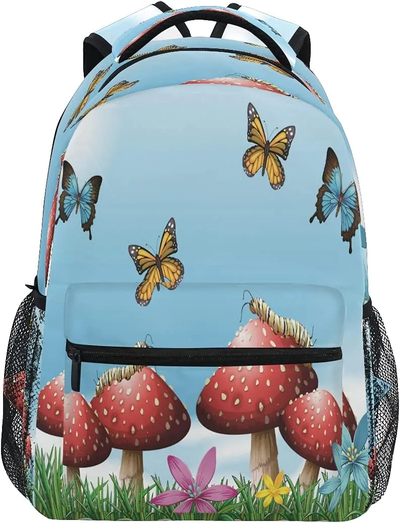 xigua Mushroom Butterfly Print Travel Backpack for School Water Resistant Bookbag