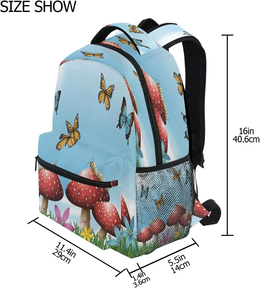 xigua Mushroom Butterfly Print Travel Backpack for School Water Resistant Bookbag