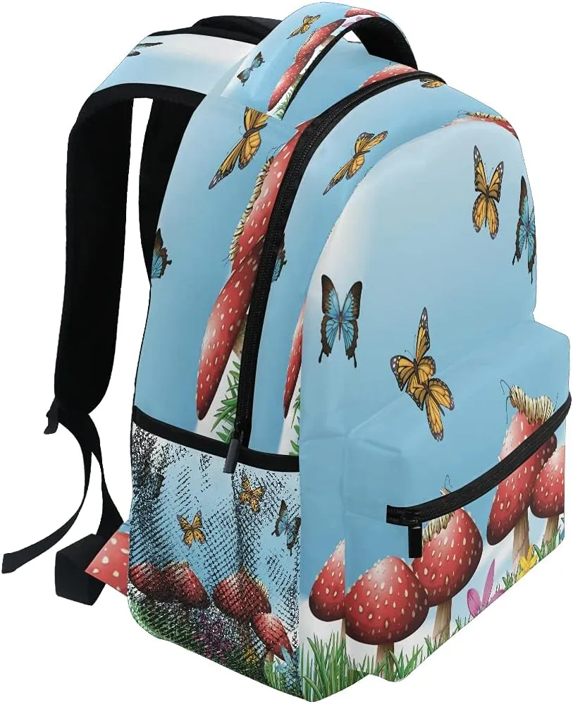 xigua Mushroom Butterfly Print Travel Backpack for School Water Resistant Bookbag
