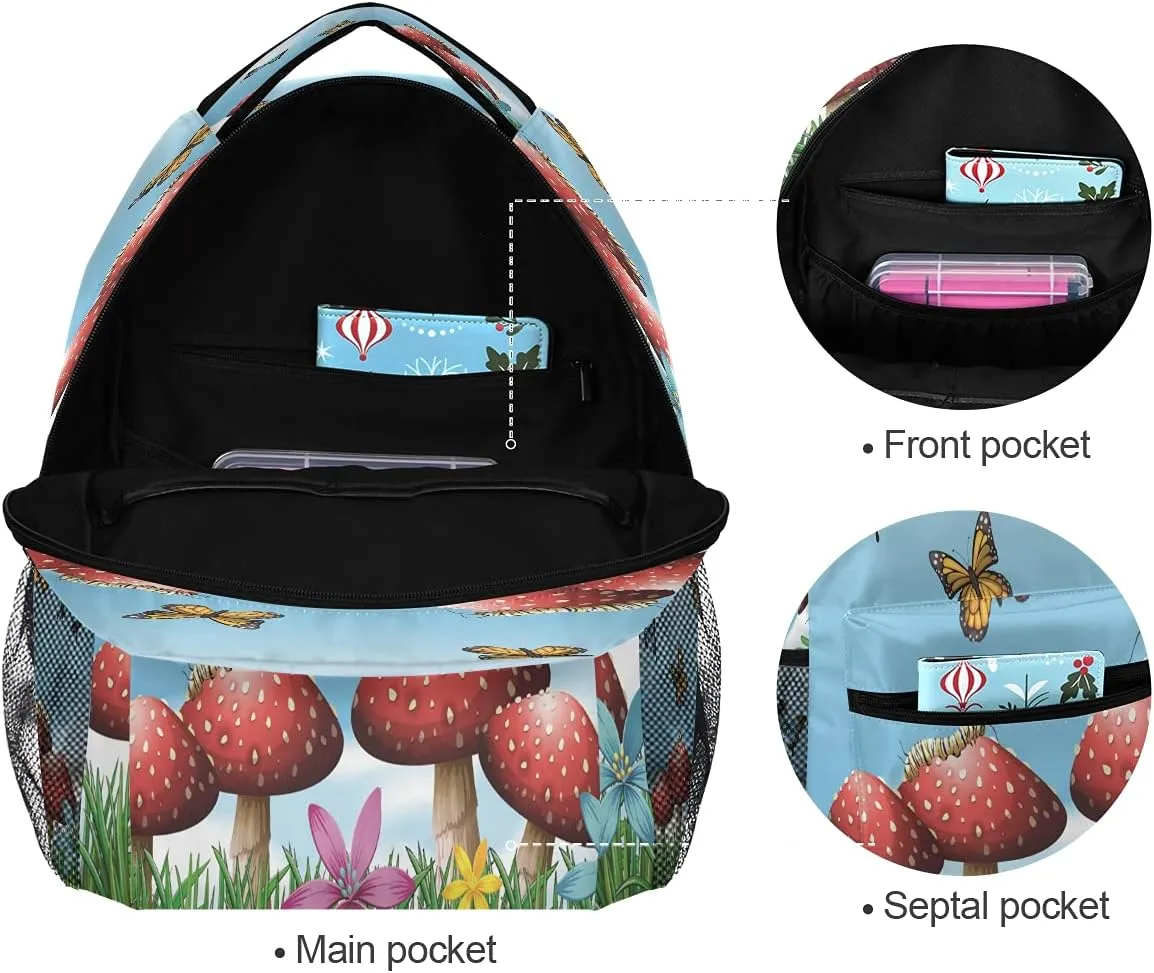 xigua Mushroom Butterfly Print Travel Backpack for School Water Resistant Bookbag