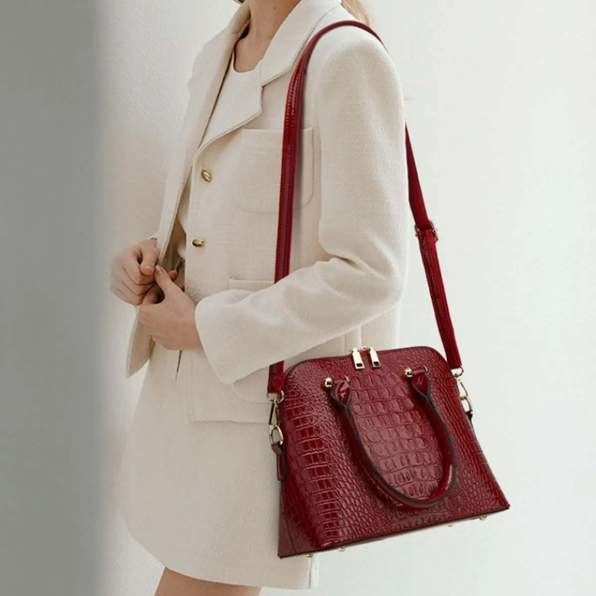 XXGJOALD-Women Crocodile Pattern Handbag Patent Leather Purse Shell Shoulder Bag Top-Handle Satchel Tote Wallet Work Party