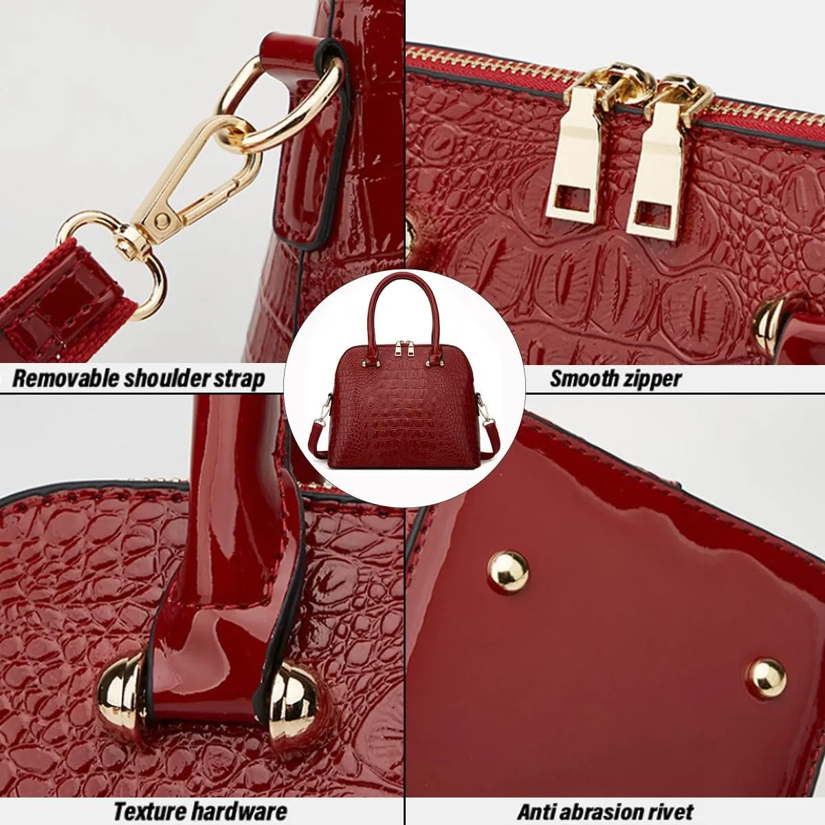 XXGJOALD-Women Crocodile Pattern Handbag Patent Leather Purse Shell Shoulder Bag Top-Handle Satchel Tote Wallet Work Party
