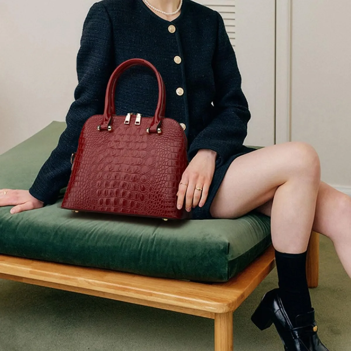 XXGJOALD-Women Crocodile Pattern Handbag Patent Leather Purse Shell Shoulder Bag Top-Handle Satchel Tote Wallet Work Party