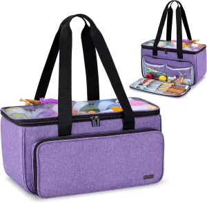 Yarwo Knitting Yarn Bag, Crochet Tote with Pocket for WIP projects, Knitting Needles(Up to 14”) and Skeins of Yarn, Purple (Bag Only)