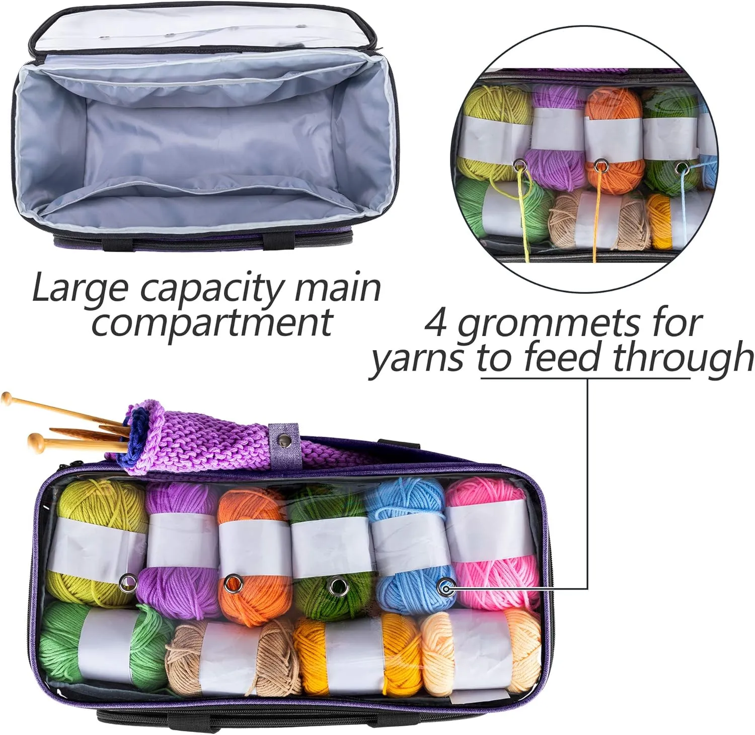 Yarwo Knitting Yarn Bag, Crochet Tote with Pocket for WIP projects, Knitting Needles(Up to 14”) and Skeins of Yarn, Purple (Bag Only)