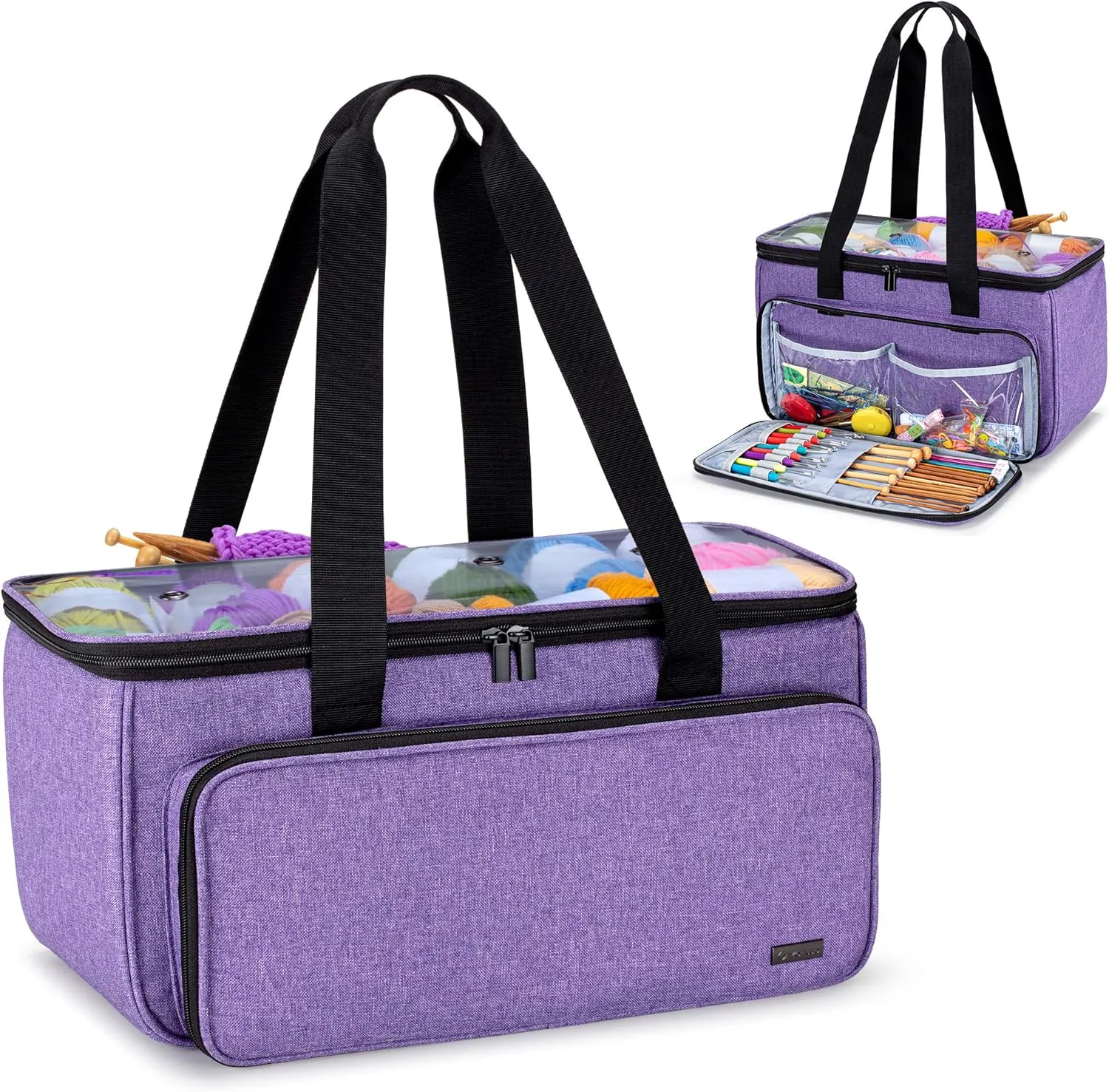 Yarwo Knitting Yarn Bag, Crochet Tote with Pocket for WIP projects, Knitting Needles(Up to 14”) and Skeins of Yarn, Purple (Bag Only)