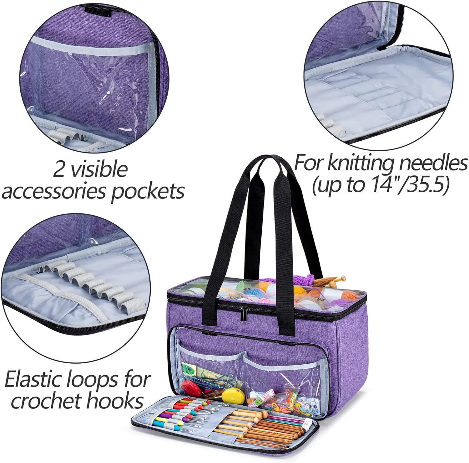 Yarwo Knitting Yarn Bag, Crochet Tote with Pocket for WIP projects, Knitting Needles(Up to 14”) and Skeins of Yarn, Purple (Bag Only)
