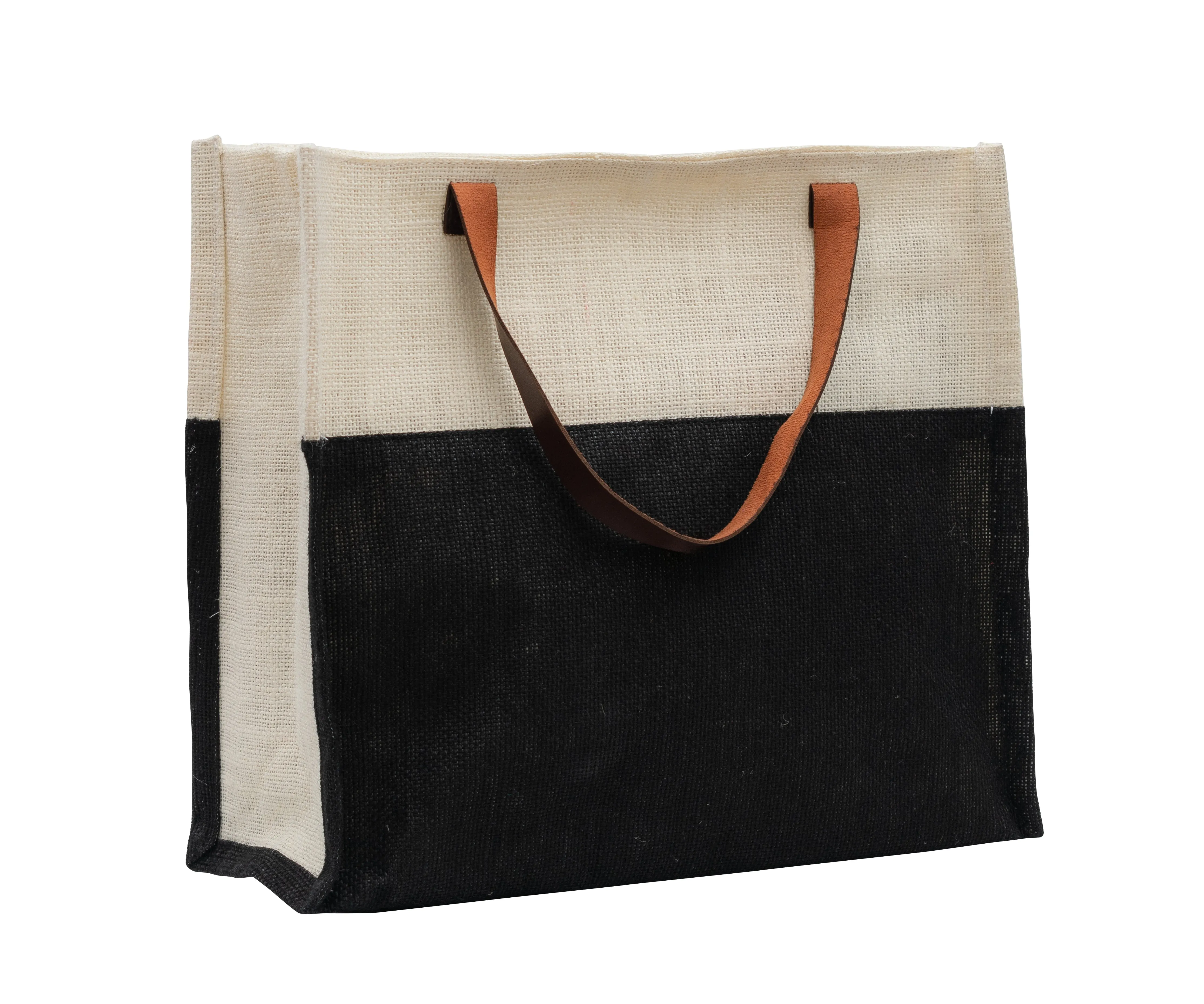 Yellow & White Jute Tote Bag with Leather Handles