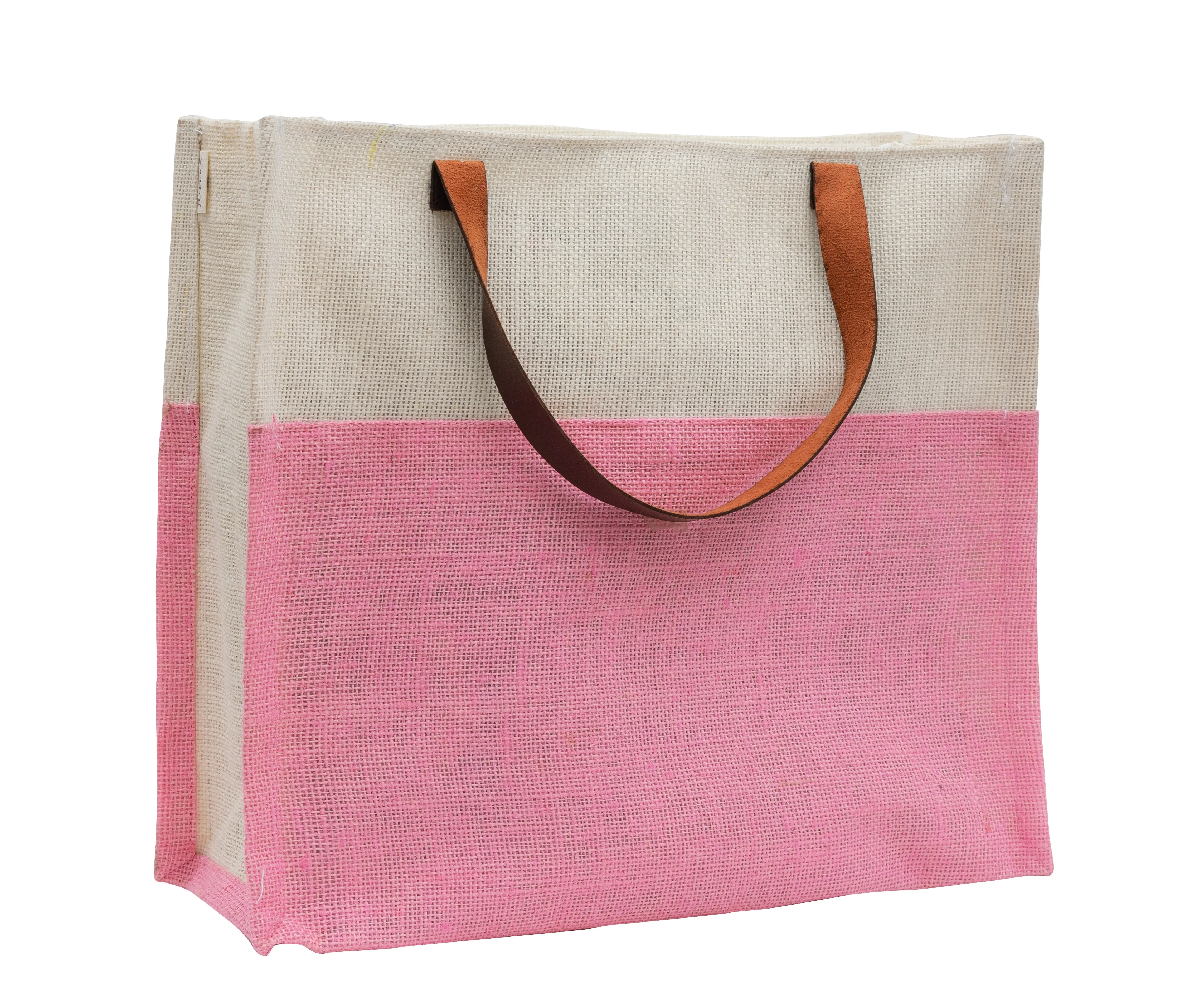 Yellow & White Jute Tote Bag with Leather Handles
